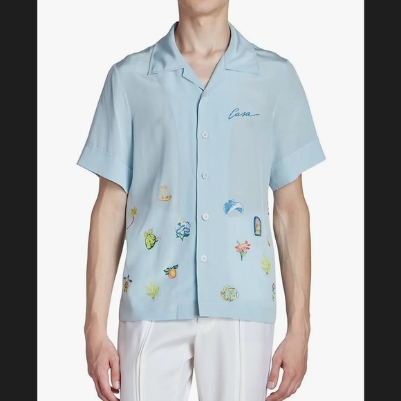 NEW‼️ CASABLANCA EMBROIDERED LOGO SHORT SLEEVE SHIRT LIGHT BLUE - Picture 9 of 11